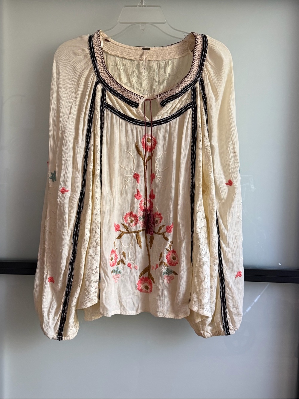 Free People Embroidered Floral Lace Boho Peasant Blouse Size M
